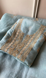 Folded powder blue organza silk kurta, front view
