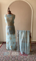 Powder blue organza silk set on the mannequin with its dupatta