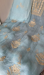 Powder blue organza silk kurta, close view of the embroidery