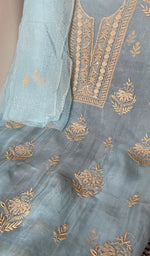 Stitch detail on the powder blue organza silk kurta