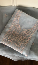 Folded powder blue organza silk kurta, front view