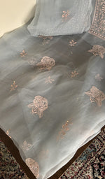 Powder blue organza silk kurta, close view of the embroidery