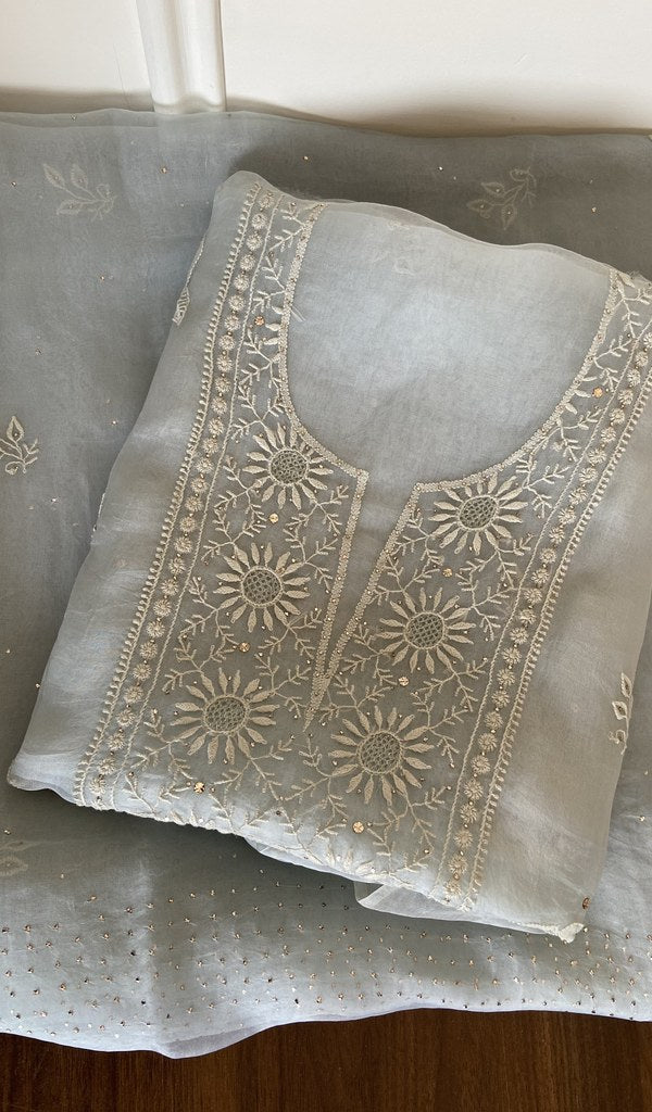 Folded powder blue organza silk kurta, front view
