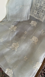Powder blue organza silk kurta, close view of the embroidery