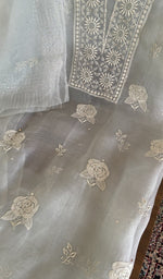 Do taar and teen taar chikankari on the powder blue organza silk