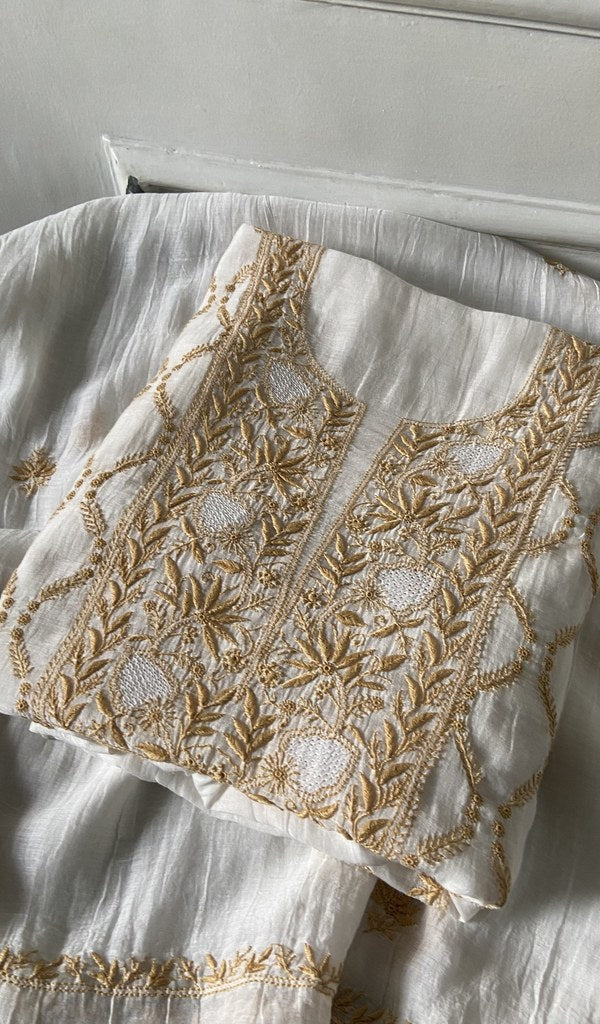 white pure mul chanderi kurta piece folded, fine do taar and teen taar jaaldar contrast chikankari with 