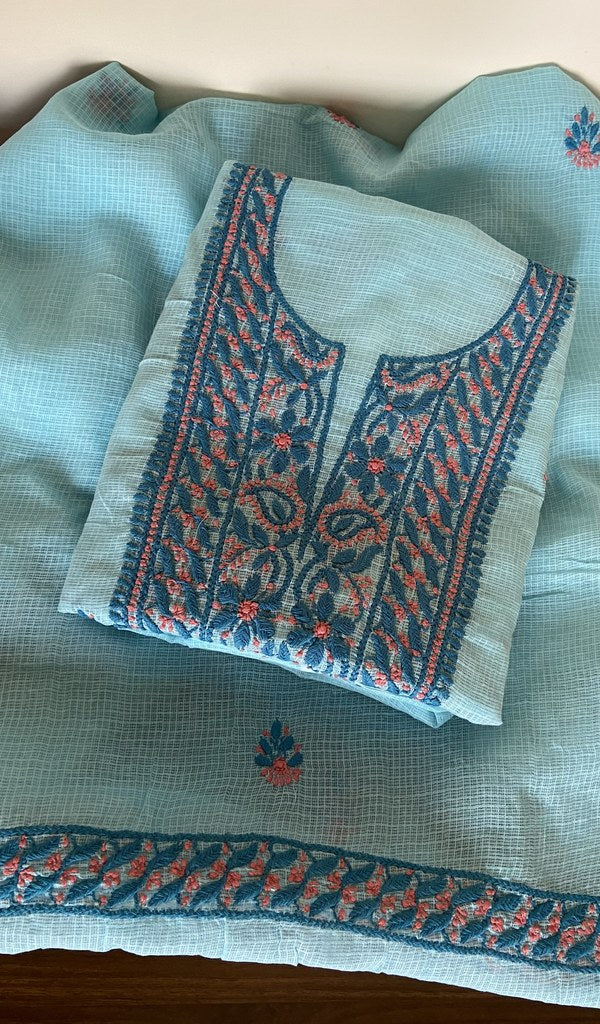 Folded sky blue kota cotton kurta, gala and neckline work