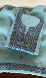 Folded sky blue kota cotton kurta, gala and neckline work
