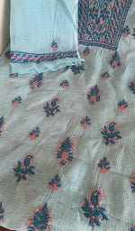 Sky blue kota cotton kurta, close view of the embroidery