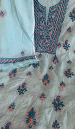 Fine contrast chikankari on the sky blue kota cotton