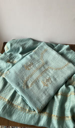 Blue pure mul chanderi kurta piece folded, fine do taar and teen taar chikankari with anar motifs