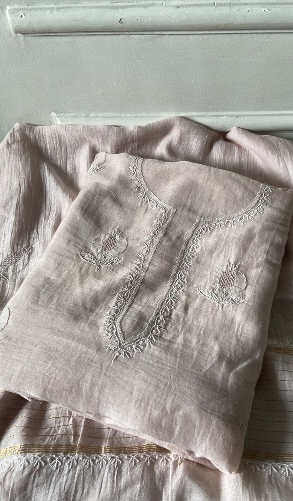 pink pure mul chanderi kurta piece folded, fine do taar and teen taar chikankari with haath ki jaali on