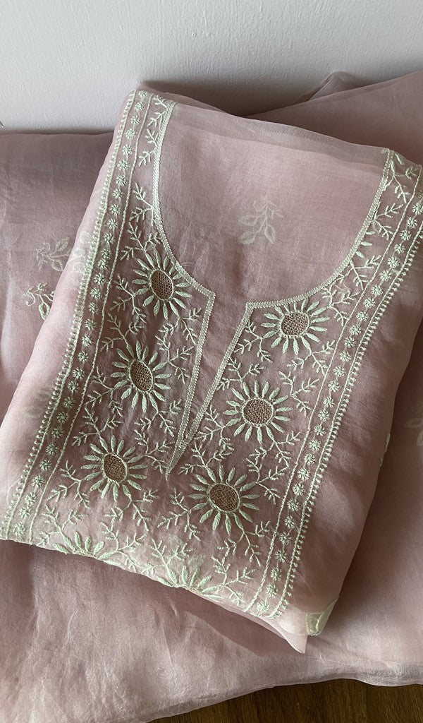 Purple pure organza silk kurta piece folded, do taar and teen taar chikankari with zari haath ki jaali