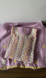 Folded purple pure mul chanderi kurta piece with chikankari on the panel