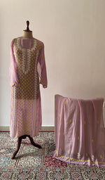 Purple pure mul chanderi chikankari suit set on the mannequin with its dupatta