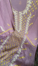 Sleeve work on purple pure mul chanderi
