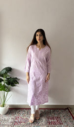 Purple stitched kurti on the model, full length, front
