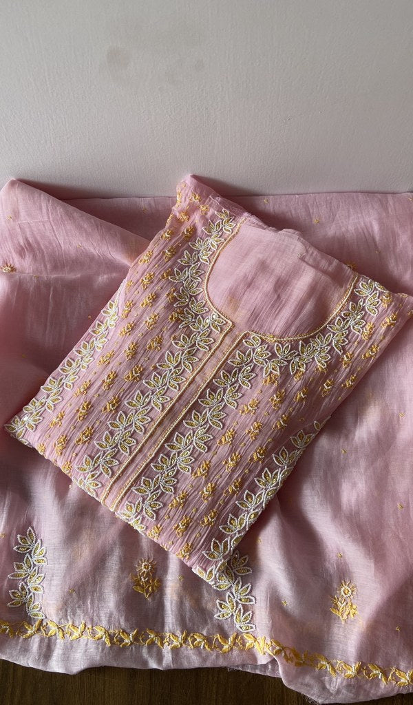 Saziya — Pink Pure Mul Chanderi Gold Thread Chikankari 2 Pc Semi-Stitched Suit Set