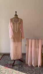 Pink pure mul chanderi chikankari suit set on the mannequin with its dupatta