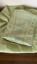 Sanam — Pista Green Pure Mul Chanderi Chikankari 3 Pc Unstitched Suit Set
