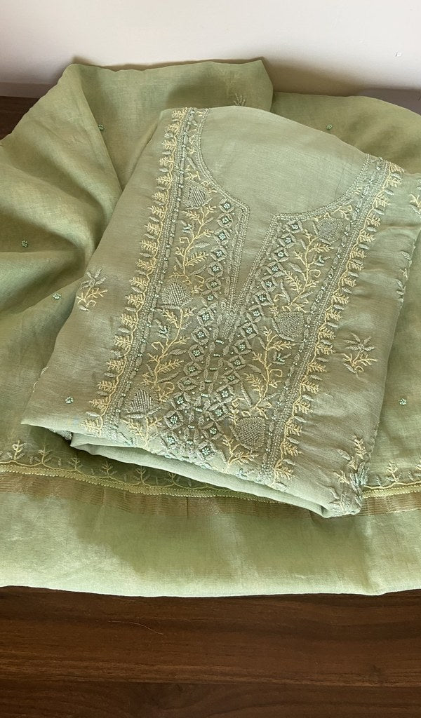 Sanam — Pista Green Pure Mul Chanderi Chikankari 3 Pc Unstitched Suit Set