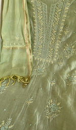 Fine chikankari on panel on the pista green mul chanderi