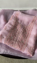 peach pure organza silk kurta piece folded, fine do taar and teen taar chikankari