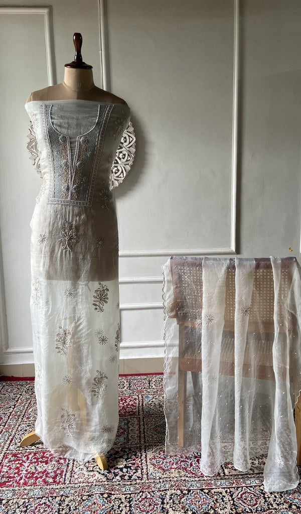 pale green pure organza silk chikankari set on the mannequin, dupatta on the stand