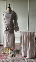 Load image into Gallery viewer, grey pure mul chanderi chikankari set on the mannequin, dupatta on the stand