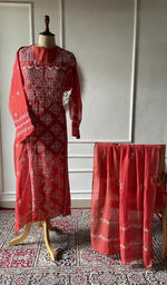 Load image into Gallery viewer, red pure mul chanderi chikankari set on the mannequin, dupatta on the stand