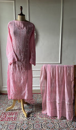 Load image into Gallery viewer, pink pure mul chanderi chikankari set on the mannequin, dupatta on the stand