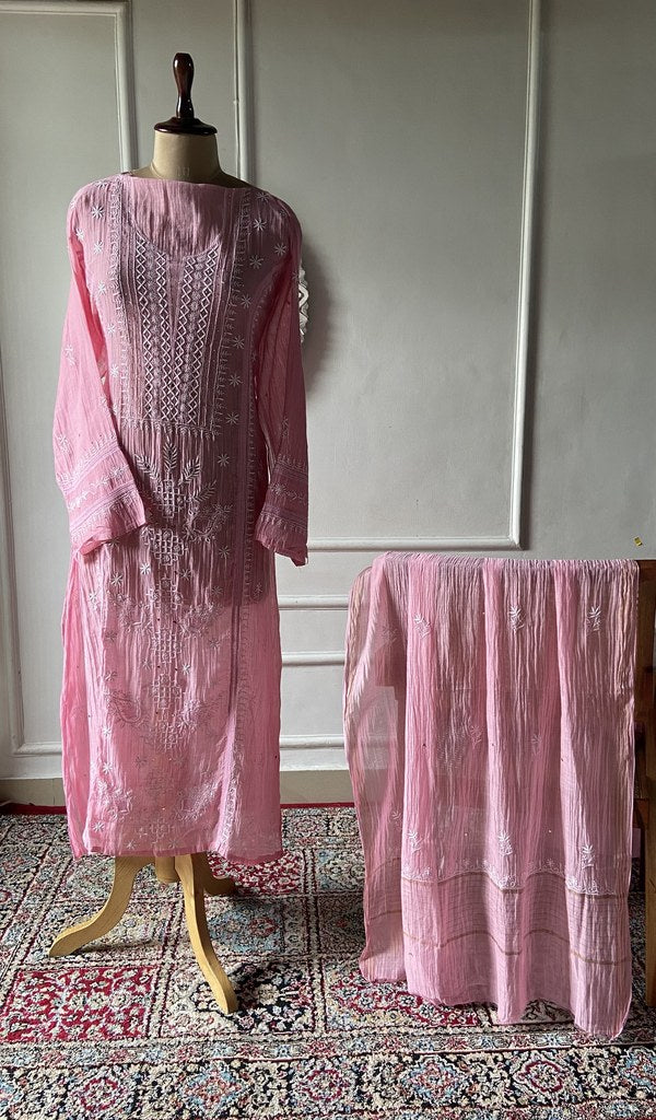 pink pure mul chanderi chikankari set on the mannequin, dupatta on the stand