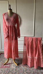 Load image into Gallery viewer, Coral pure mul chanderi chikankari 3 pc semi-stitched suit set laid out