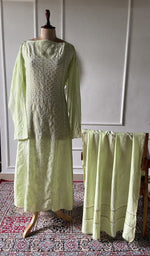 将图像加载到图库查看器中， green pure chanderi silk chikankari set on the mannequin, dupatta on the stand