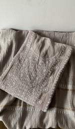 Grey pure mul chanderi kurta piece folded, fine front and back chikankari anarkali with haath ki jaali