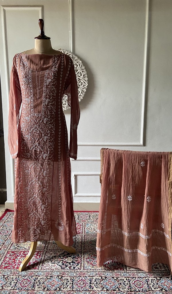 brown pure mul chanderi chikankari set on the mannequin, dupatta on the stand