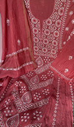 Sleeve work on red pure mul chanderi