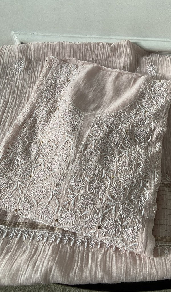 beige pure mul chanderi kurta piece folded, fine front and back chikankari anarkali with haath ki jaali
