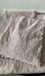 beige pure mul chanderi kurta piece folded, fine front and back chikankari anarkali with haath ki jaali