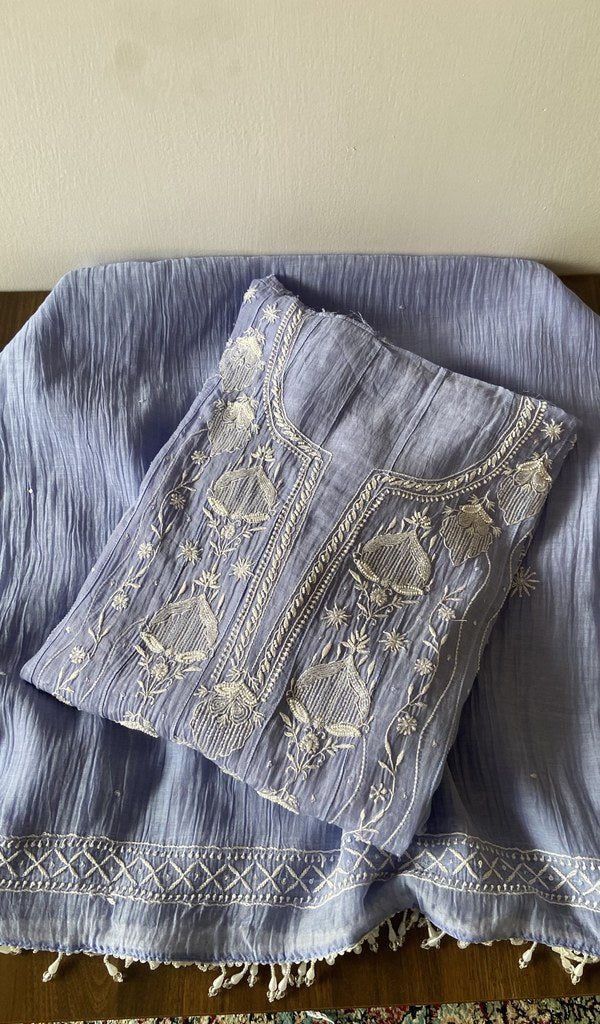 Laiba — Blue Pure Mul Chanderi Chikankari 2 Pc Semi-Stitched Anarkali Suit Set