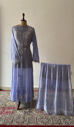 Blue pure mul chanderi chikankari suit set on the mannequin with its dupatta