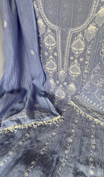 Sleeve work on blue pure mul chanderi