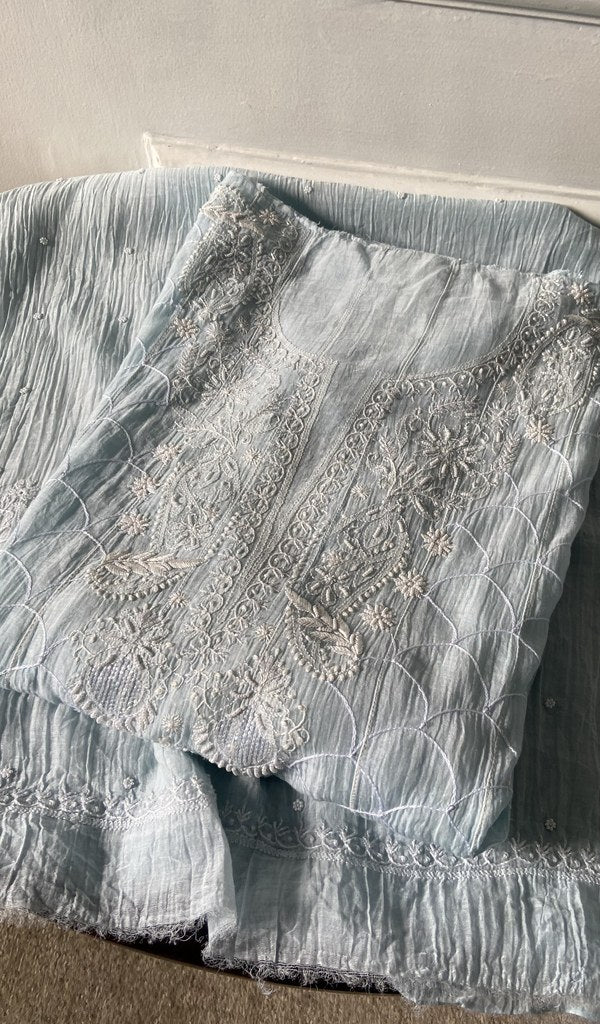 grey pure mul chanderi kurta piece folded, fine front and back jaaldar chikankari anarkali