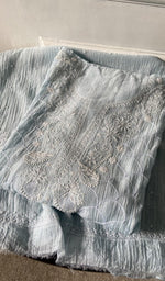 grey pure mul chanderi kurta piece folded, fine front and back jaaldar chikankari anarkali