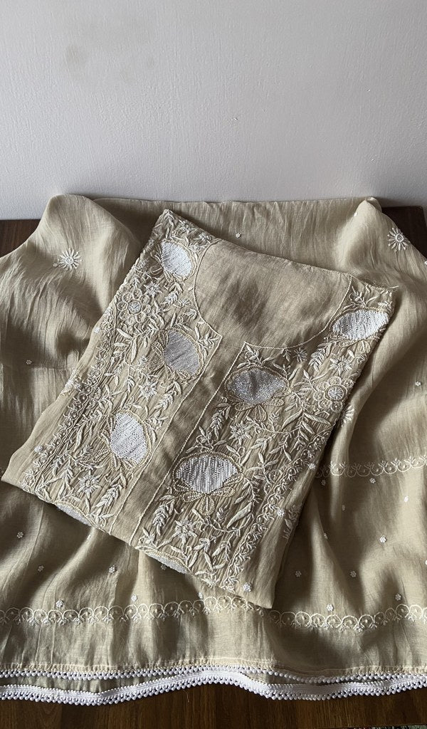Joud — Beige Pure Mul Chanderi Chikankari 2 Pc Semi-Stitched Suit Set