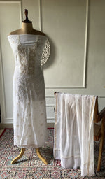 Load image into Gallery viewer, White pure maheshwari mul chanderi chikankari 2 pc unstitched suit set laid out