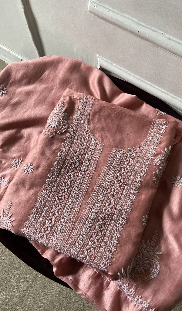 Pink pure chanderi silk kurta piece folded, fine chikankari