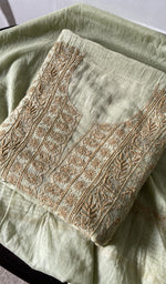 green pure mul chanderi kurta piece folded, fine do taar and teen taar jaaldar chikankari with haath ki 