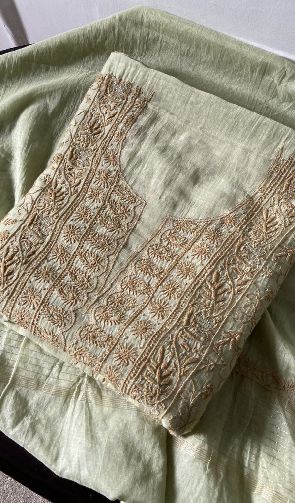 green pure mul chanderi kurta piece folded, fine do taar and teen taar jaaldar chikankari with haath ki 
