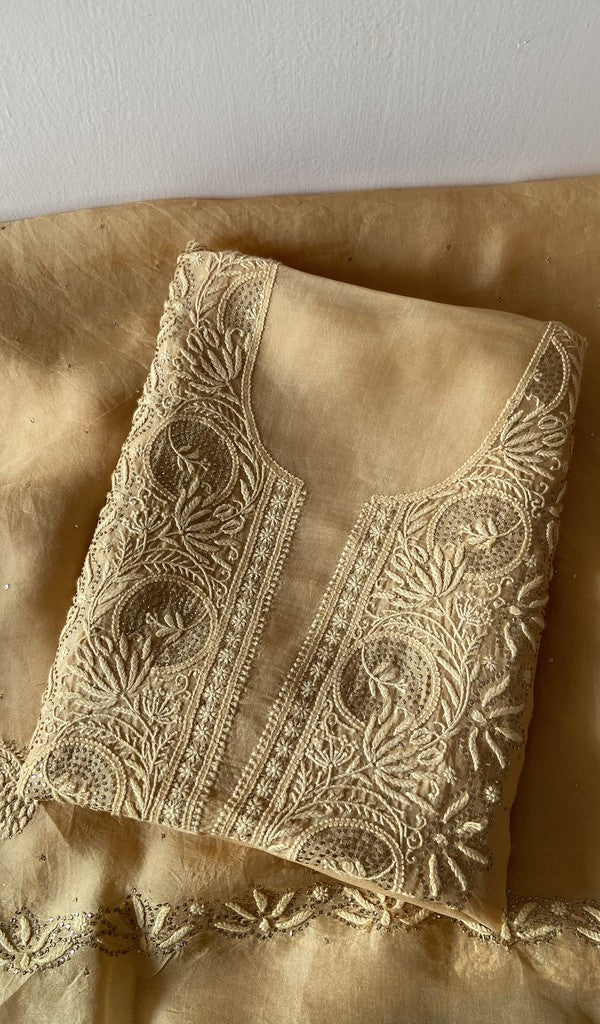 Beige pure organza silk kurta piece folded, fine chikankari handcrafted on our finest 35 gms organza